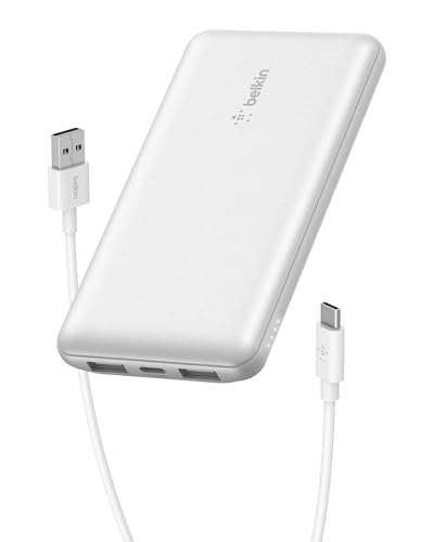 Belkin 10000mAh 15W 3 Port Power Bank, USB A to USB C Cable Included | Fast Charging, iPhone 17, Samsung Galaxy, Pixel, Airpods, iPad, Nintendo Switch 2, Battery Pack, USB C Port, USB A Port - color: White