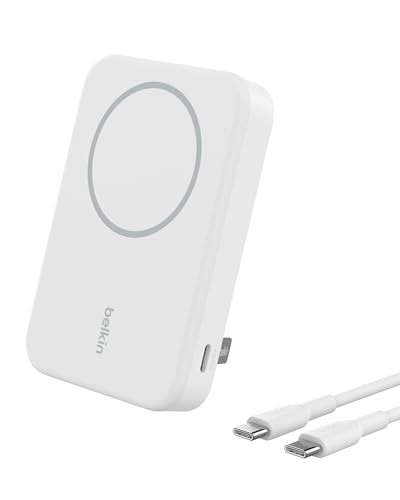 Belkin 8000mAh 15W Qi2 MagSafe Power Bank with Kickstand | Wireless Charging Battery Pack, iPhone 17, Air, Pro, Pro Max, AirPods, Apple Watch, Google Pixel 10, Built-in Stand, Magnetic - color: White, style: 8K mAh