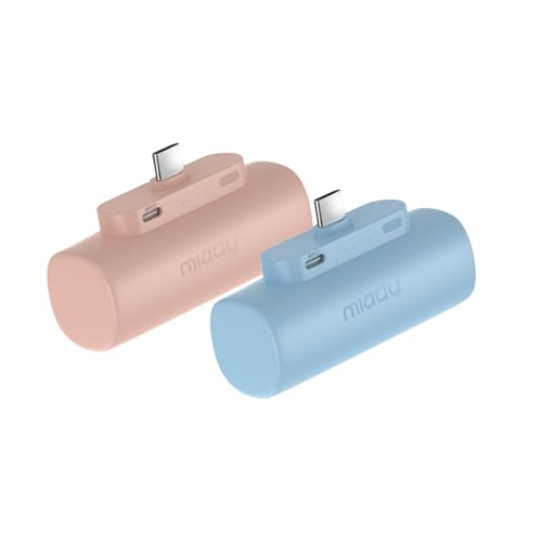 Miady 2-Pack Mini Portable Charger Built-in USB C Connector Small PowerBank | 5000mAh丨Lightweight丨for Backpack Travel丨Compatible with iPhone 17 Galaxy Android丨Ultra-Compact丨Flight-Safe丨18Wh丨Blue+Pink - color: Cream Blue+Champagne Pink