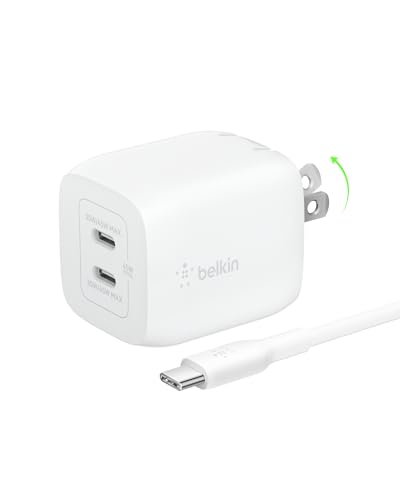 Belkin 45W Dual GaN USB C Charger Block, USB C to C Cable Included - style: 45W White + USB-C Cable