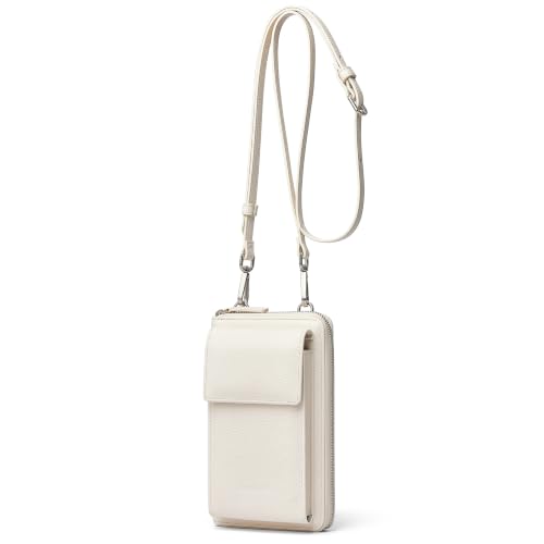 DORIS&JACKY Small Leather Crossbody Purse and Cell Phone Wallet for Women | RFID Blocking Shoulder Bag with Front Phone Pocket, Come with Long Detachable Strap and 12 Credit Card Slots - color: 2-off White