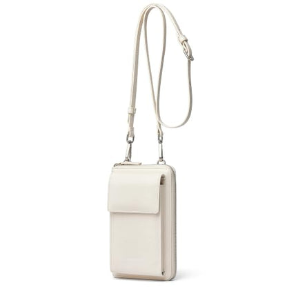 DORIS&JACKY Small Leather Crossbody Purse and Cell Phone Wallet for Women | RFID Blocking Shoulder Bag with Front Phone Pocket, Come with Long Detachable Strap and 12 Credit Card Slots - color: 2-off White