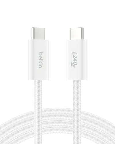 Belkin USB C to USB C 240W Braided Cable 6.6ft Fast iPhone Charger Cord - color: White, style: 6.6 ft