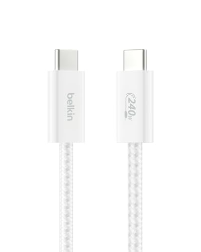 Belkin USB C to USB C 240W Braided Cable 3.3ft Fast iPhone Charger Cord - color: White, style: 3.3 ft