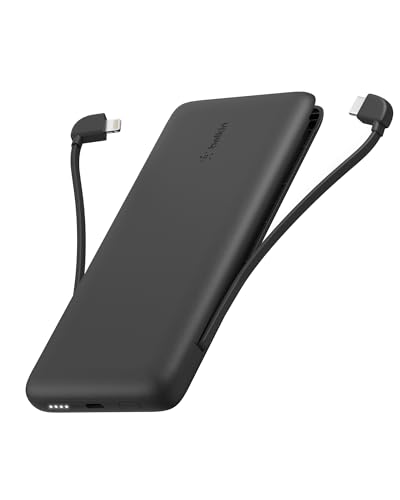 Belkin 10K 23W Portable Charger Power Bank, Integrated USB C and LTG Cables - color: Black