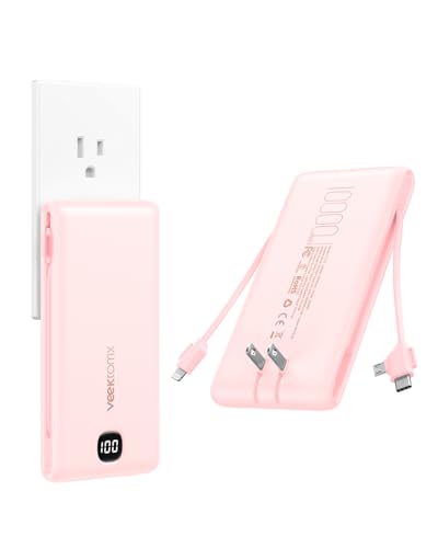 Portable Charger Power Bank Built in Cables and Wall Plug, 10000mAh iPhone Battery Pack Fast Charging, USB C External Slim Power Bank, Travel Essentials Compatible with iPhone 16 15 14 13 iPad, Pink - color: Pink
