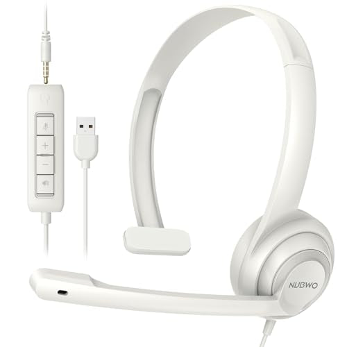 NUBWO HW02 USB Headset with Microphone Noise Cancelling & in-line Control - color: White, size: 1 pack