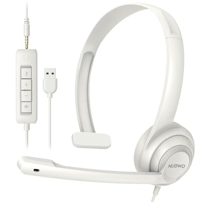 NUBWO HW02 USB Headset with Microphone Noise Cancelling & in-line Control - color: White, size: 1 pack