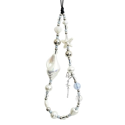 Cute Beaded Camera Wrist Strap for Phone, Digital Camera Charm Lanyard, Pearl Beaded Chain for Bag Keychain Gift - color: White Conch