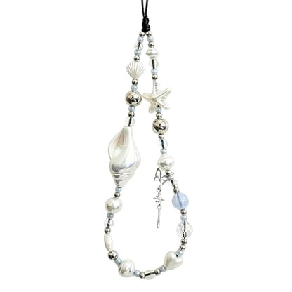 Cute Beaded Camera Wrist Strap for Phone, Digital Camera Charm Lanyard, Pearl Beaded Chain for Bag Keychain Gift - color: White Conch