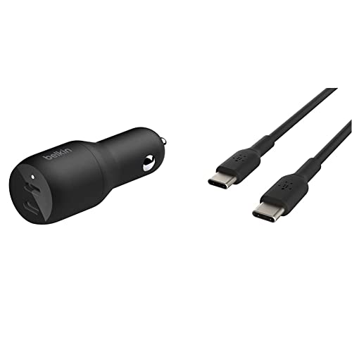 Belkin USB-C PD Car Charger 36W (Dual 18W USB-C Power Delivery Car Charger & USB-C to USB-C Cable, USB Type-C Cable (3.3ft/1m, Black