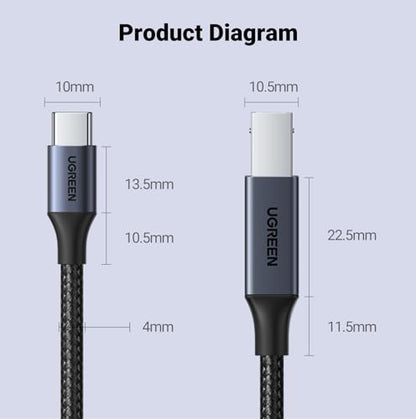 UGREEN USB-B to USB-C Cable 6.6FT, Nylon Braided for Printer & MIDI - color: Black, size: 6.6 FT