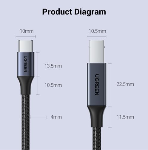 UGREEN USB-B to USB-C Cable 3FT, Nylon Braided for Printer & MIDI - color: Black, size: 3 FT