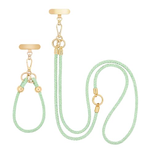 Crystal Phone Strap Crossbody and Wrist Lanyard, Anti Theft Layered & Wrist Strap Cell Phone Neck for Women - color: Light Green