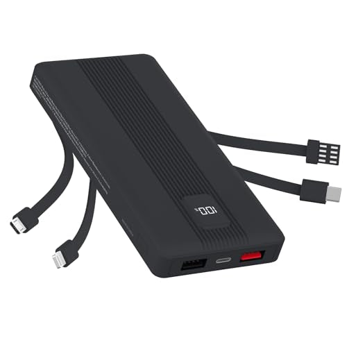 10000mAh Portable Charger with 4 Built-in Cables, 22.5W Fast Charging Power Bank, LED Display, Slim Travel Battery Pack for iPhone 17/16/15/14, Samsung Galaxy, iPad & More - color: Black