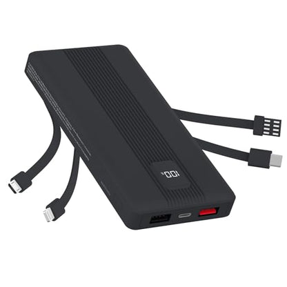 10000mAh Portable Charger with 4 Built-in Cables, 22.5W Fast Charging Power Bank, LED Display, Slim Travel Battery Pack for iPhone 17/16/15/14, Samsung Galaxy, iPad & More - color: Black