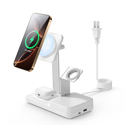 ESR 65W 4-in-1 GaN Wireless Charging Station(5-in-1 Stand), Designed for MagSafe Charger Stand, Magnetic Wireless Charger for iPhone 15/14/13, AirPods Pro/3/2, and USB A/C Devices, White