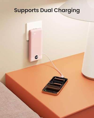 Portable Charger Built-in Cables and Wall Plug, 10000mAh Slim USB C Power Bank, LED Display External Battery Pack Compatible with iPhone/Android & More (Pink) - color: Pink