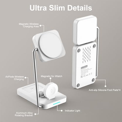 3 in 1 Wireless Charging Station, PD20W Foldable Magnetic Wireless Charger for Apple Devices iPhone 12-16 Series Apple Watch AirPods Pro (White)