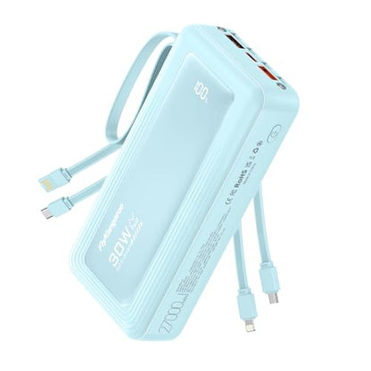Portable Charger with Built-in Cables, 27000mAh Slim 30W Fast Charging Power Bank with LED Display, USB C Battery Pack 6 Outputs & 2 Inputs, Travel Essential Charger for iPhone, Samsung, Google etc - color: Sky Blue