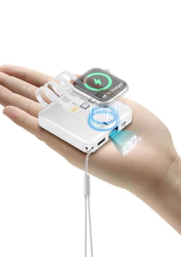Mini Portable Charger for iWatch 12000mAh, Power Bank with Built-in Cables - color: Matte White