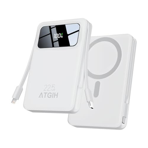 10000mAh Magnetic Wireless Power Bank, 5-in-1 Portable Charger with 2 Built-in Cables, 22.5W PD Fast Charging Magnetic Battery Pack for iPhone 17/16/15/14/13/12 and All Series ，White - color: white