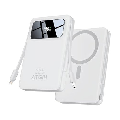 10000mAh Magnetic Wireless Power Bank, 5-in-1 Portable Charger with 2 Built-in Cables, 22.5W PD Fast Charging Magnetic Battery Pack for iPhone 17/16/15/14/13/12 and All Series ，White - color: white