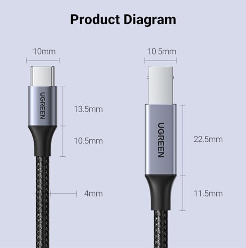 UGREEN USB-B to USB-C Cable 3FT, Nylon Braided for Printer & MIDI - color: Silver, size: 3 FT