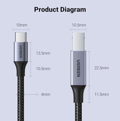 UGREEN USB-B to USB-C Cable 3FT, Nylon Braided for Printer & MIDI - color: Silver, size: 3 FT