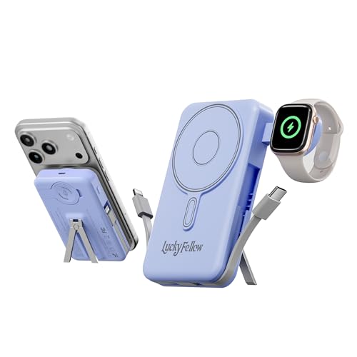 Magnetic Portable Charger Built-in Cables,10000mAh Fast Charging Wireless Charger Station External Battery Pack Slim Pocket Size Power Bank with Stand Compatible with iWatch, iPhone - color: Dark Blue