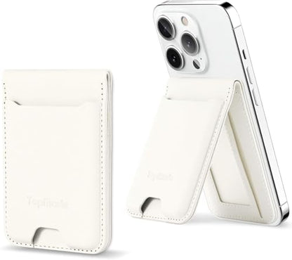 TopMade Phone Card Holder, Leather Phone Wallet Stick on with Stand, Open ID Window, 3M Adhesive Credit Card Holder for Back of Phone Case, iPhone, Samsung, and Android, Fit 6 Cards, Milky White - color: Milky White