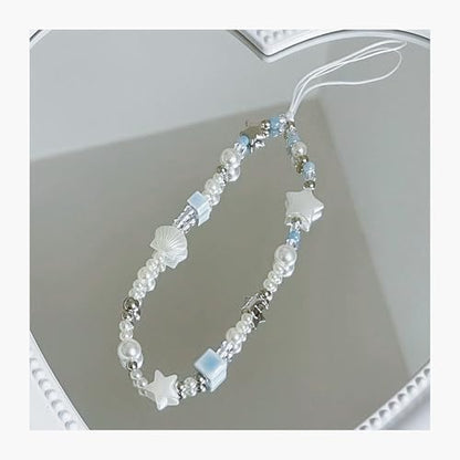 Cute Beaded Camera Wrist Strap for Phone, Digital Camera Charm Lanyard, Pearl Beaded Chain for Bag Keychain Gift - color: White Star