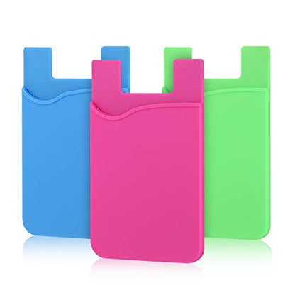 Pofesun Cellphone Card Holder, 3 Pack Silicone Phone Wallet Stick On | Card Holder for Back of Phone Credit Card Holder for Phone Case Compatible for iPhone, Samsung, Android and All Smartphones - color: Blue, Pink, Green