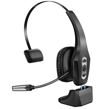 Wireless Hands-Free Headset with Noise Canceling Mic & Mute Button, Trucker Bluetooth Headset with Charging Base, 56Hrs Working Time PC Headsets for Truck Driver, Cell Phone, Computer (Black)