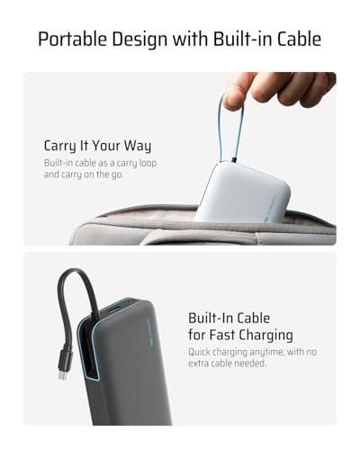 CUKTECH 45W Power Bank 20000mAh, Portable Travel Charger Built-in USB C Cable, Fast Charging Battery Pack for iPhone 17/16/15, iPad, Samsung Galaxy, Google Pixel, Android and More (Gray) - color: PB200N-Gray