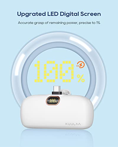 Kuulaa Portable Phone Charger with Built-in USB-C Plug, 5000mAh Mini Portable Charger Power Bank Small Battery Pack for iPhone air/15/16,Samsung S22/S23 & Android - color: White