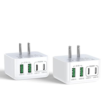 2-Pack 40W Flat USB C Charger Block 4 Multi Slim Flat Wall Charger Multiple Ports Fast Charging Adapter with PD20W & QC 3.0 Charger Plug for iPhone 17/16/15/14/13/ Pro/Pro Max, Samsung Galaxy, iPad