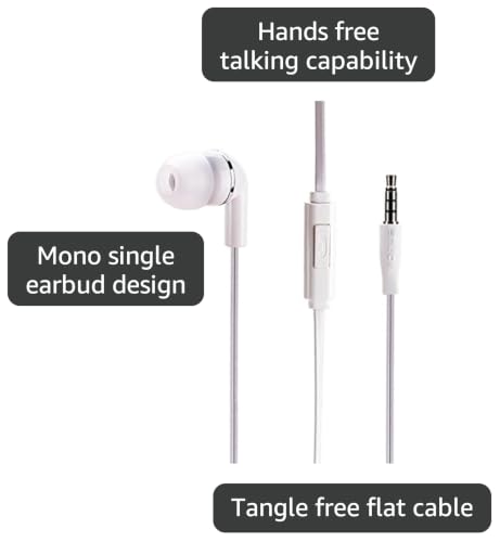 Premium Flat Wired Headset Mono Hands-Free Earphone w Mic Single Earbud Headphone in-Ear [3.5mm] White for Samsung Galaxy J3, J5, J7, Note 3 4 5, Note8, S5, S6, S7, Edge Edge+, S8, S8+, S9, S9+