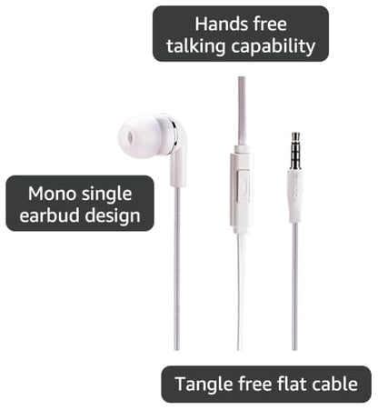 Premium Flat Wired Headset Mono Hands-Free Earphone w Mic Single Earbud Headphone in-Ear [3.5mm] White for Samsung Galaxy J3, J5, J7, Note 3 4 5, Note8, S5, S6, S7, Edge Edge+, S8, S8+, S9, S9+