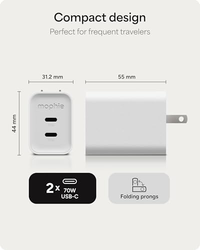 Mophie Speedport 70 GAN USB-C Charger Block - 70W Fast Wall Charger, 2× USB‑C PD Ports, Compact Foldable Prongs, Made with Recycled Materials, for Smartphones, Tablets, Headphones - style: 70W