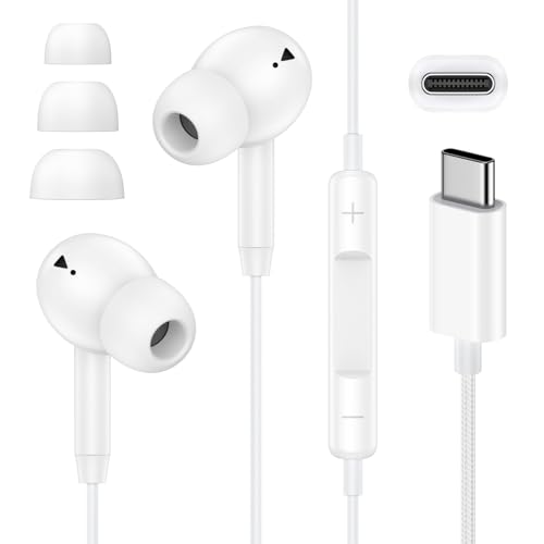 iPhone 17 USBC Headphones for Samsung S26 25 Type C Earbuds, White - color: White