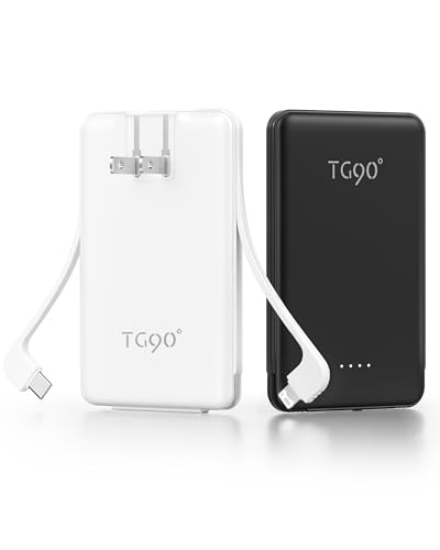TG90° 5000mah Ultra Slim Power Bank Built-in AC Plug & 2 Cables,2 Pack Black & White - color: 2Pack-Black&White
