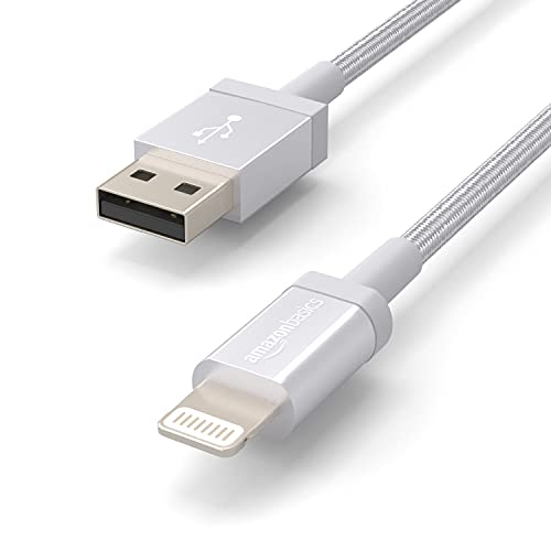 Amazon Basics USB-A to Lightning Charger Cable, MFi Certified, Nylon Braided Cord, Fast Charging for Apple iPhone 14 13 12 11 X Xs Pro, Pro Max, Plus, iPad, 6 Foot, Silver - size: 6 ft