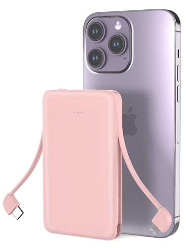 Sethruki Smallest Portable Charger with Built-in Cables 5000mAh,Ultra Slim Power Bank,Mini High Speed External Battery Packs,Lightweight USB C Phone Charger for iPhone Samsung Google Android (Pink) - color: pink