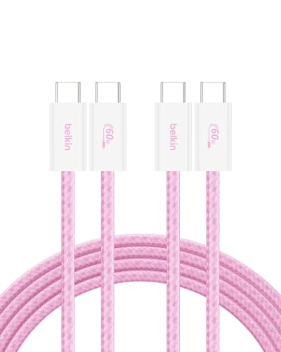 Belkin USB C to USB C 60W Braided Cable 2 Pack, 6.6ft iPhone Charger Cord - color: Pink, style: 6.6 ft - 2 pack
