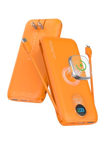 Portable Charger Power Bank 10000mAh PD20W w/Built-in Cables & AC Plug - color: Orange