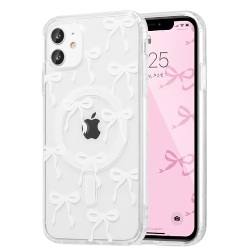 UEEBAI Magnetic for iPhone 11 Case, Bow Case Compatible with MagSafe, Wireless Slim Clear Ribbon Aesthetic Phone Cover Anti-Yellowing Shockproof Protective Cover for Women Girl - White - color: White, size: iPhone 11