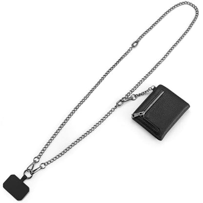 Diaclara Clip and Go Chain Phone Strap with Zipper Pouch- Stylish Crossbody Adjustable Chain Lanyard with Leather Wallet for All Phones, Black - color: Chain Black
