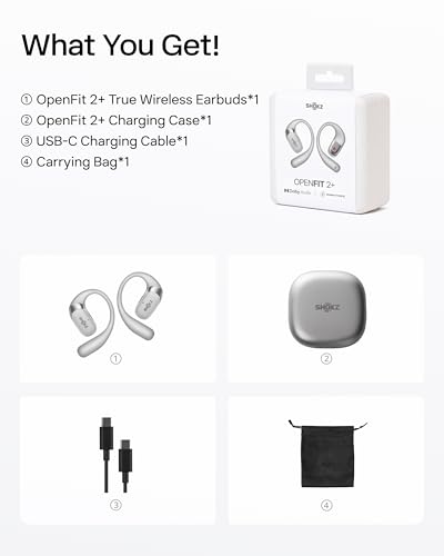 SHOKZ OpenFit 2+ Open-Ear Earbuds, Grey, Dolby Audio,Wireless Charging - color: Grey, style: Dolby Audio / USB-C&Wireless