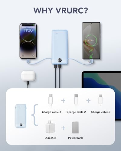 VRURC Portable Charger, Power Bank Built-in Cables and AC Wall Plug - color: Blue